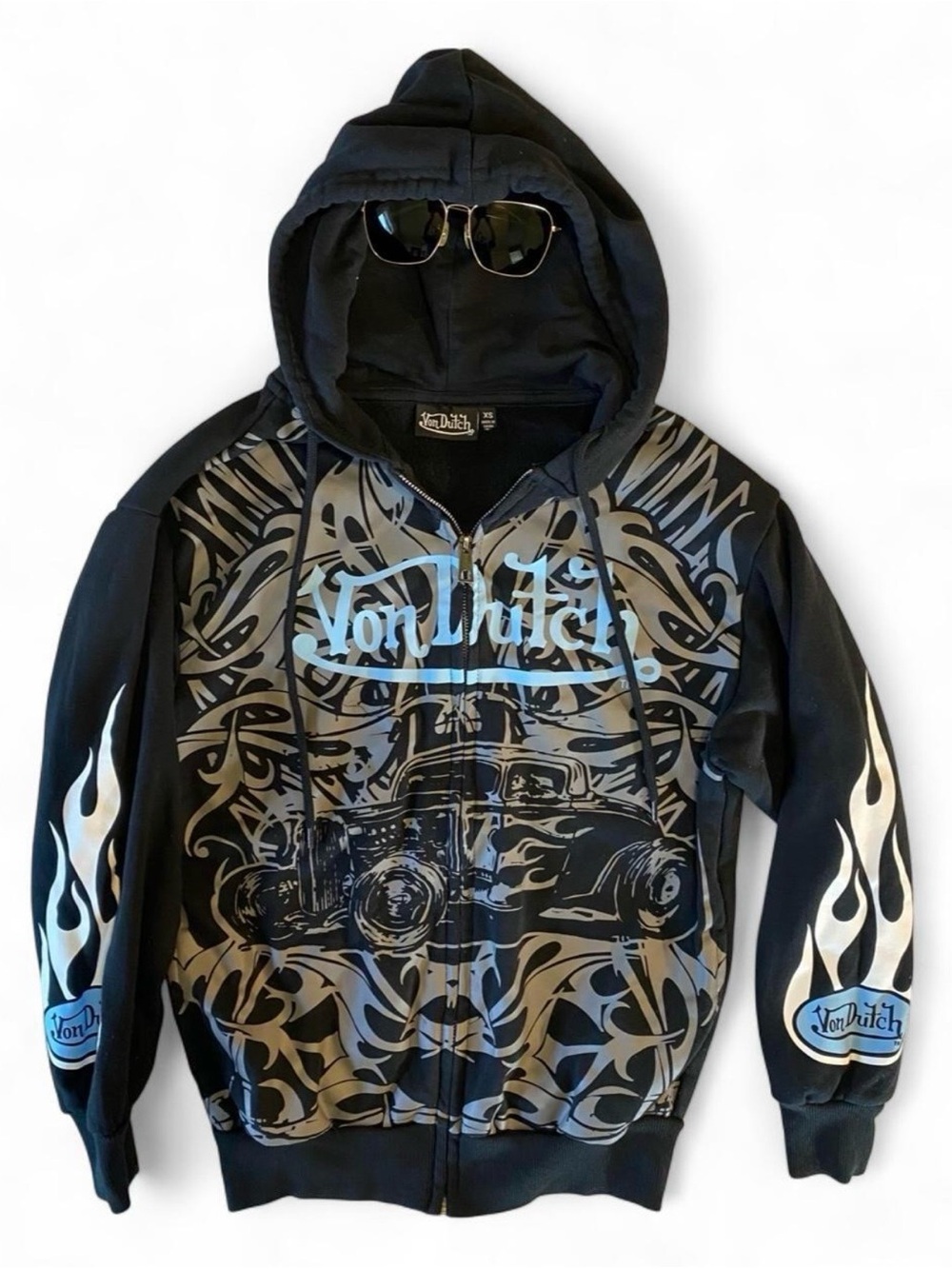Von Dutch Car Show black zip hoodie, arm flames “Kustom Kulture” retro design XS